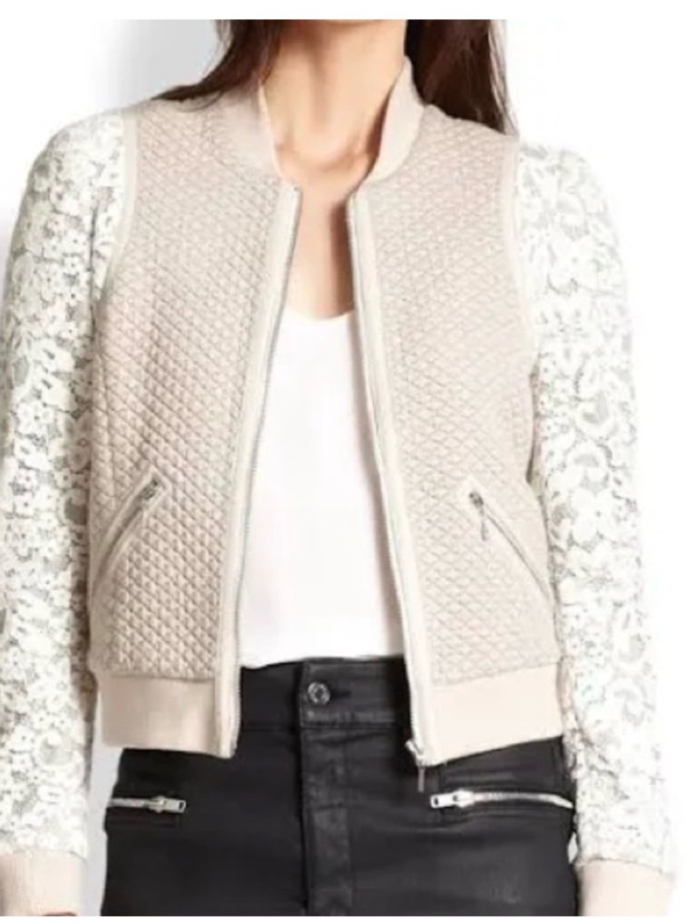 Rebecca Taylor Quilted Lace Sleeve Bomber Jacket | Size 8
